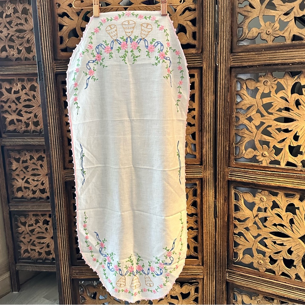 Vintage Handmade Floral & Bell Embroidered Dresser Scarf /Table Runner.